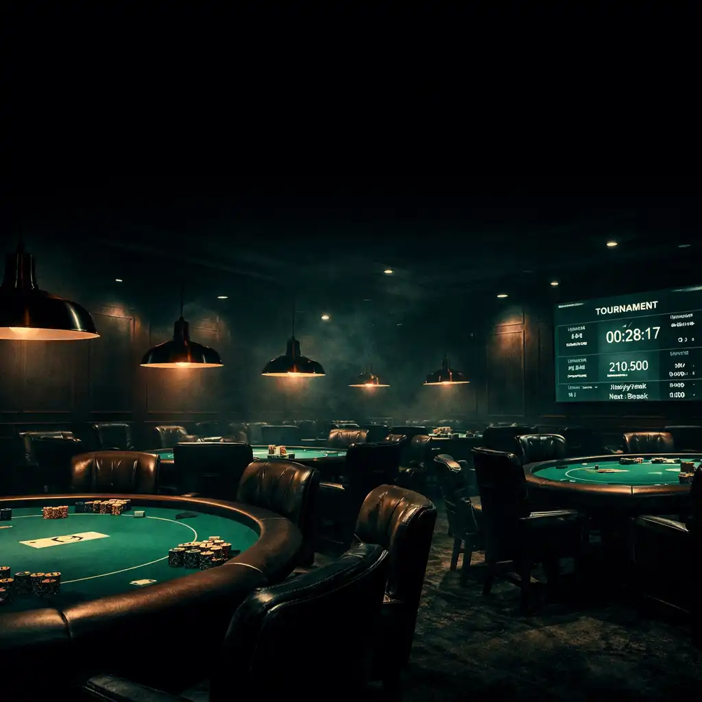 Wide-angle view of the premium card room at Aceand Charcoal with green felt tables, leather chairs, and warm copper pendant lights