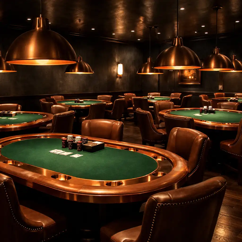 The atmospheric interior of the Aceand Charcoal card room with premium poker tables and warm pendant lights