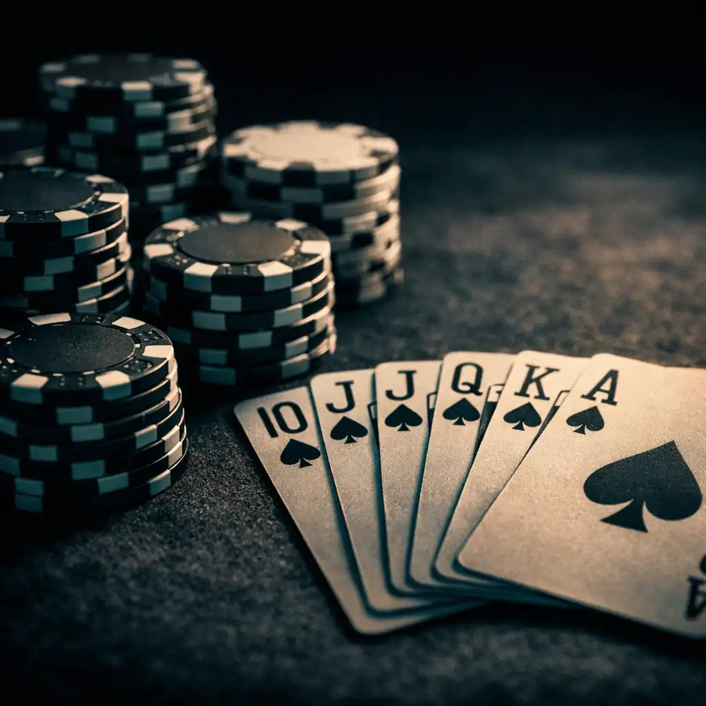 A close-up of poker chips in stacks and fanned playing cards on dark felt