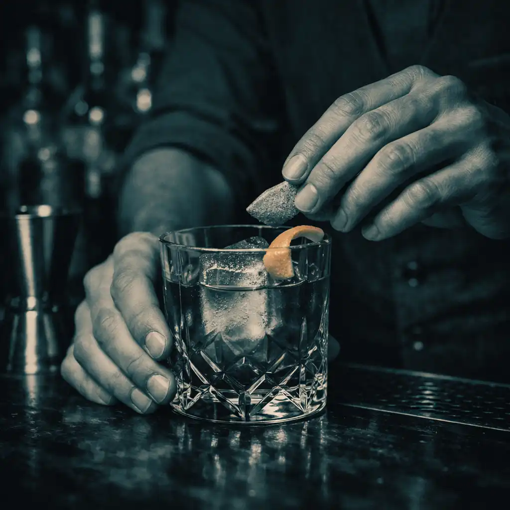 A bartender crafting a cocktail in a crystal glass with a large ice cube and orange peel