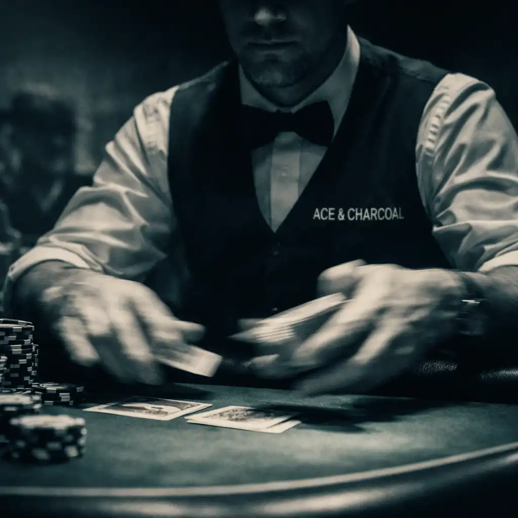 A dealer in motion dealing cards at a poker table with players in soft focus behind