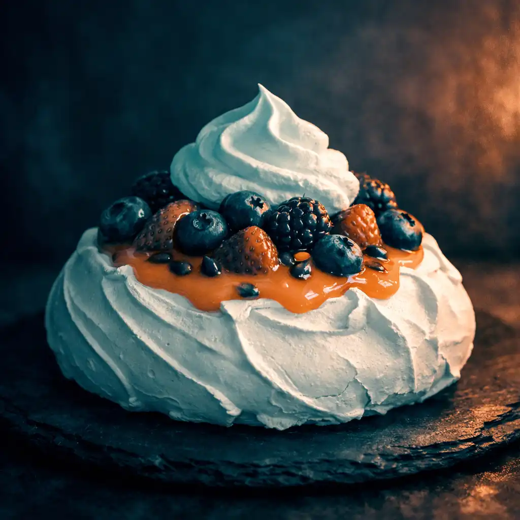 Pavlova with passionfruit curd, fresh berries and whipped cream on a dark slate plate