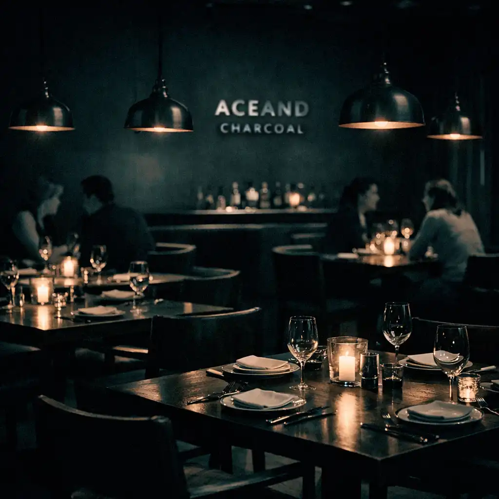 The Aceand Charcoal dining room with tables set for dinner under warm copper lighting