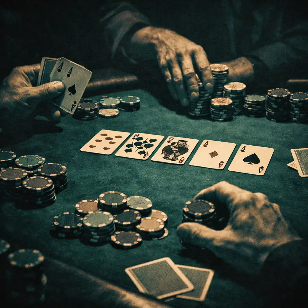 Close-up of a high-stakes poker game with hands, chips, and cards on the table under dramatic lighting