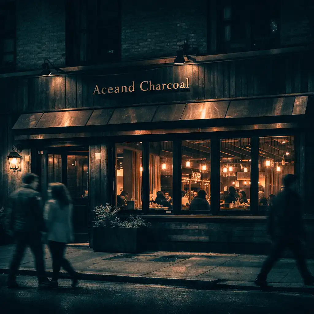 The exterior of Aceand Charcoal at night with warm light glowing from the windows