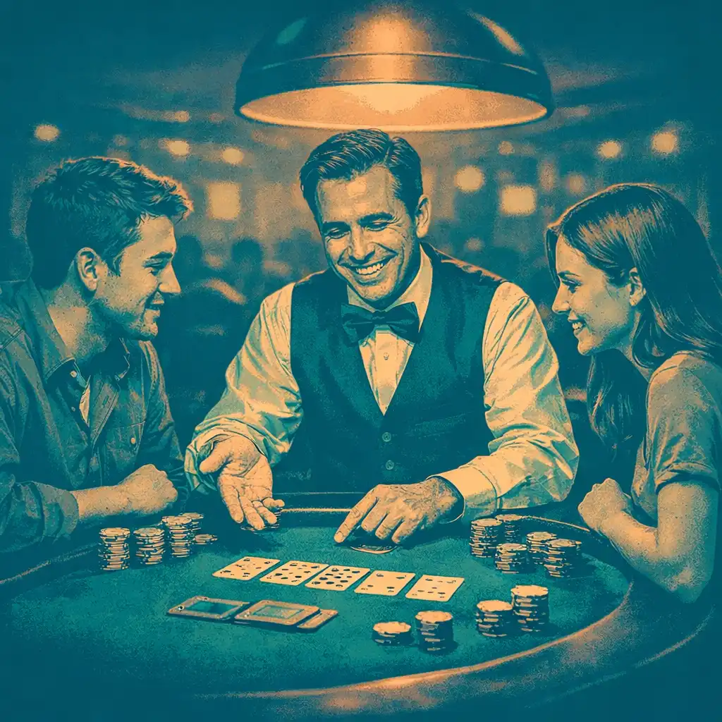 A friendly dealer explaining the game to first-time players at a poker table