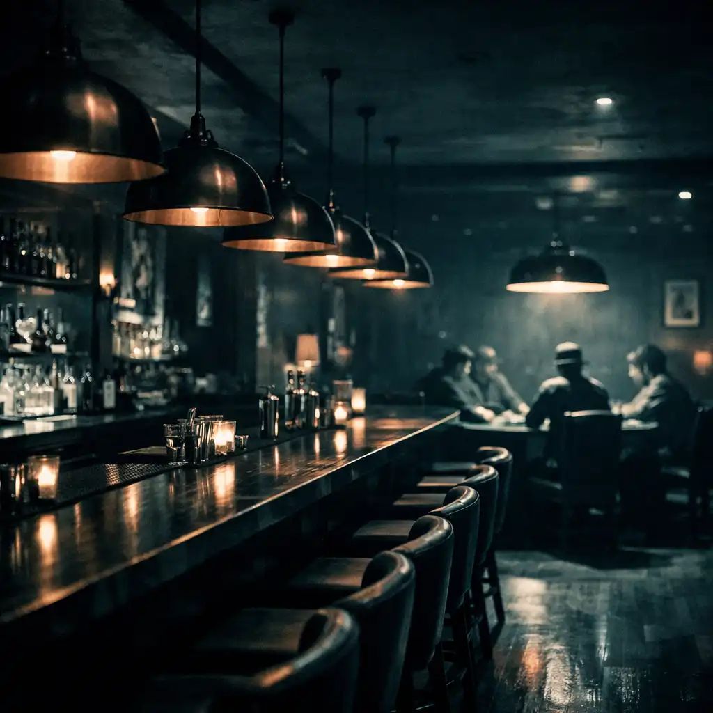 The Aceand Charcoal interior at night, with a long bar under copper pendant lights and a poker table in the background