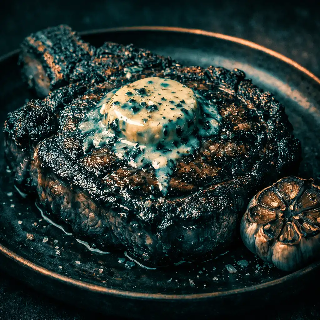 Charred Cape Grim ribeye with bone marrow butter on a dark plate