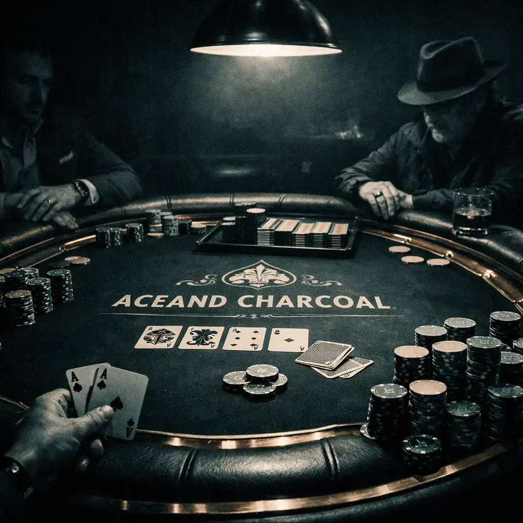 A high roller poker table with premium chips and cards under a single dramatic overhead lamp