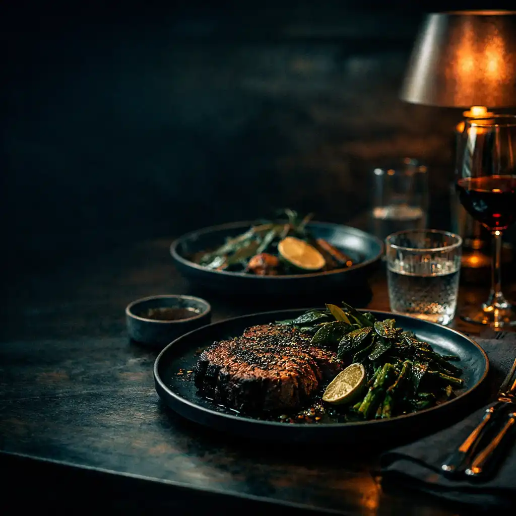 Dimly lit dining table with premium Australian dishes at Aceand Charcoal