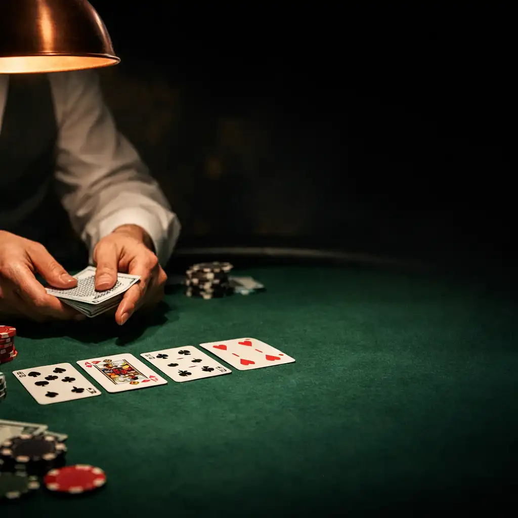 Close-up of a live poker table with dealer hands dealing cards, stacks of chips, and community cards under moody copper lighting