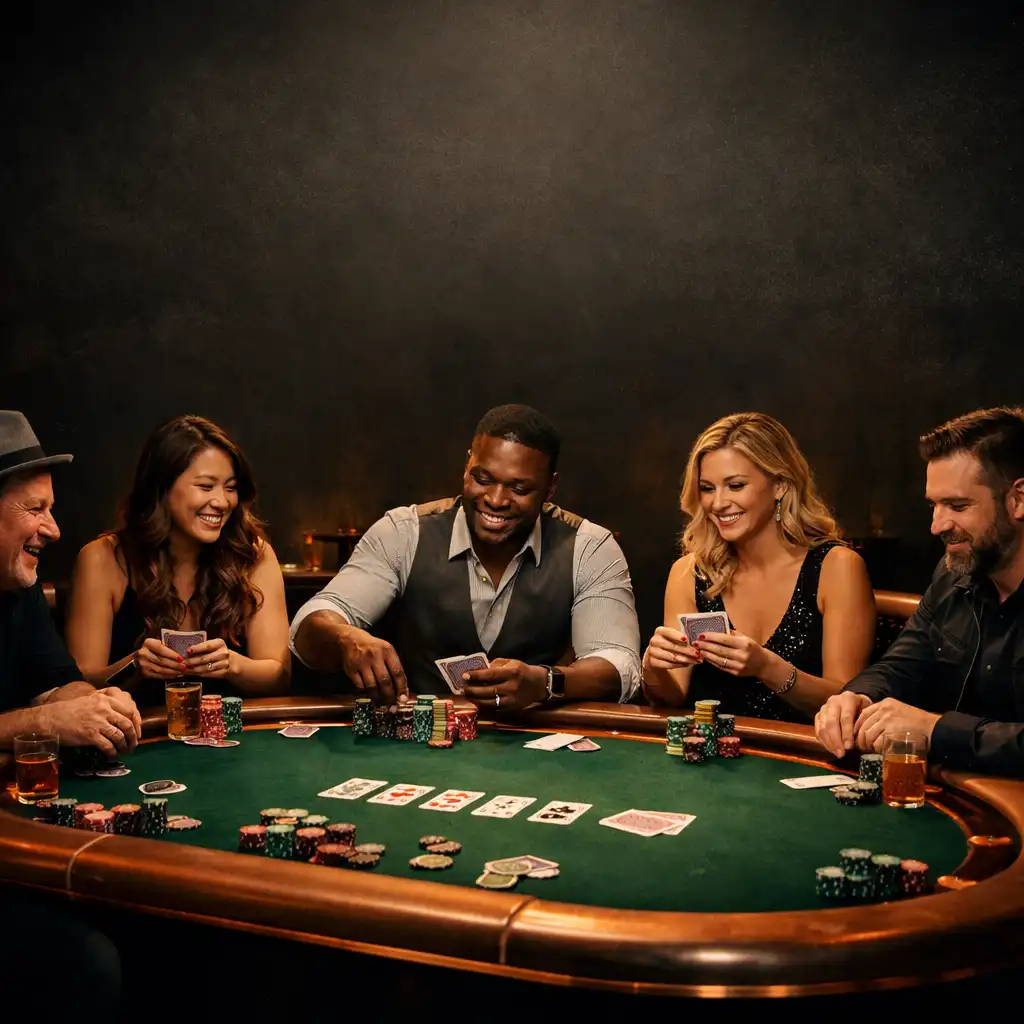 A group of people enjoying a social poker game at a premium table in the Aceand Charcoal card room