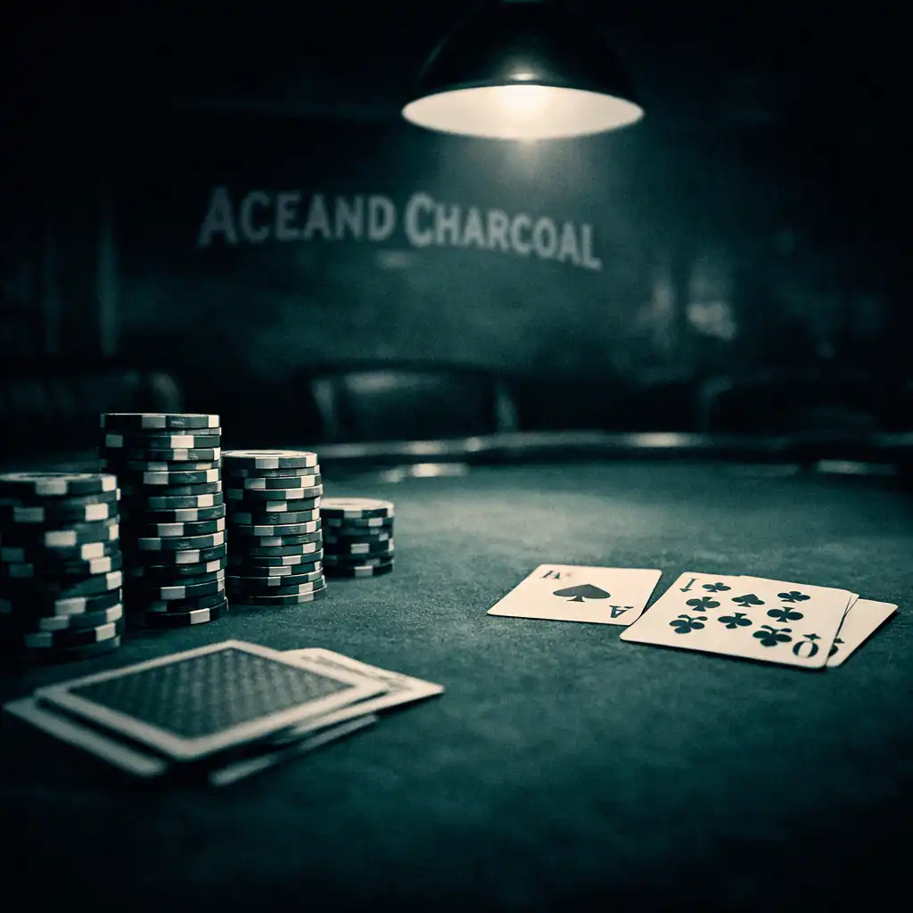A low-angle view of a poker table with green felt, stacks of chips, and playing cards