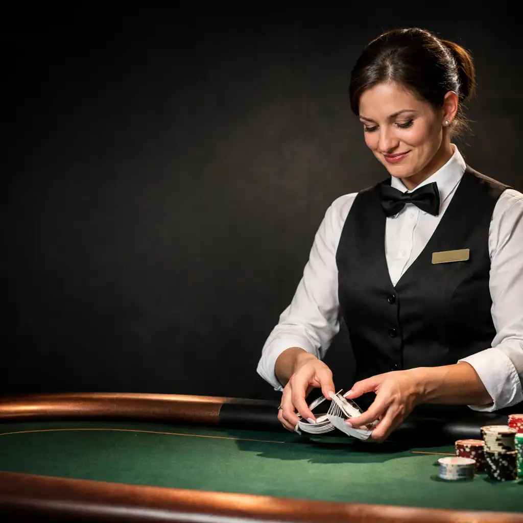 A professional poker dealer shuffling cards at a premium table in the Aceand Charcoal card room