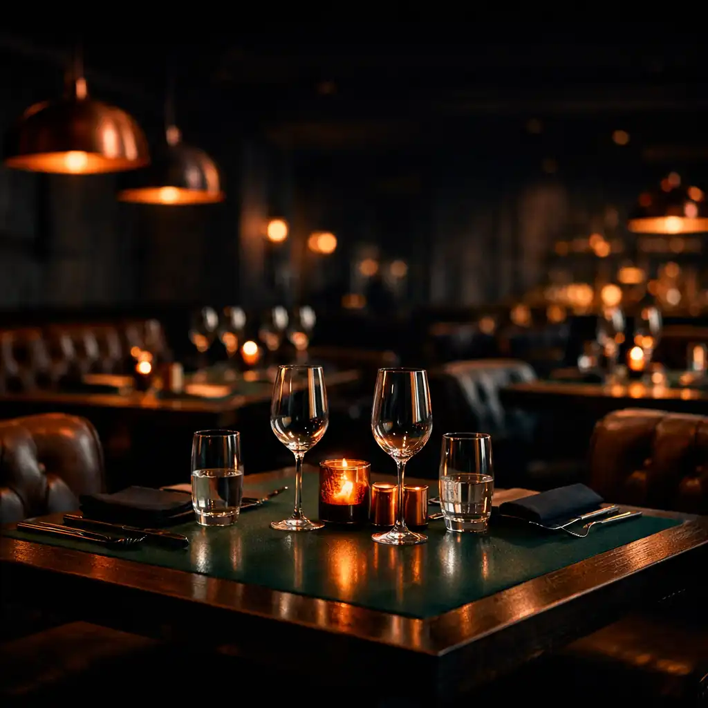 Cinematic restaurant interior with warm copper lighting and dark wood tables
