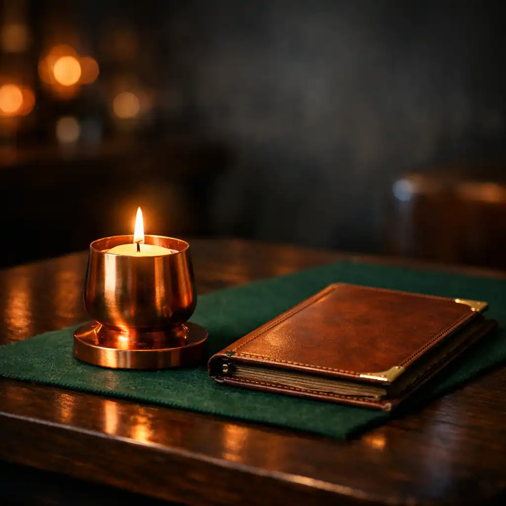 Dark wood table with green felt runner, copper candle holder, and leather-bound menu
