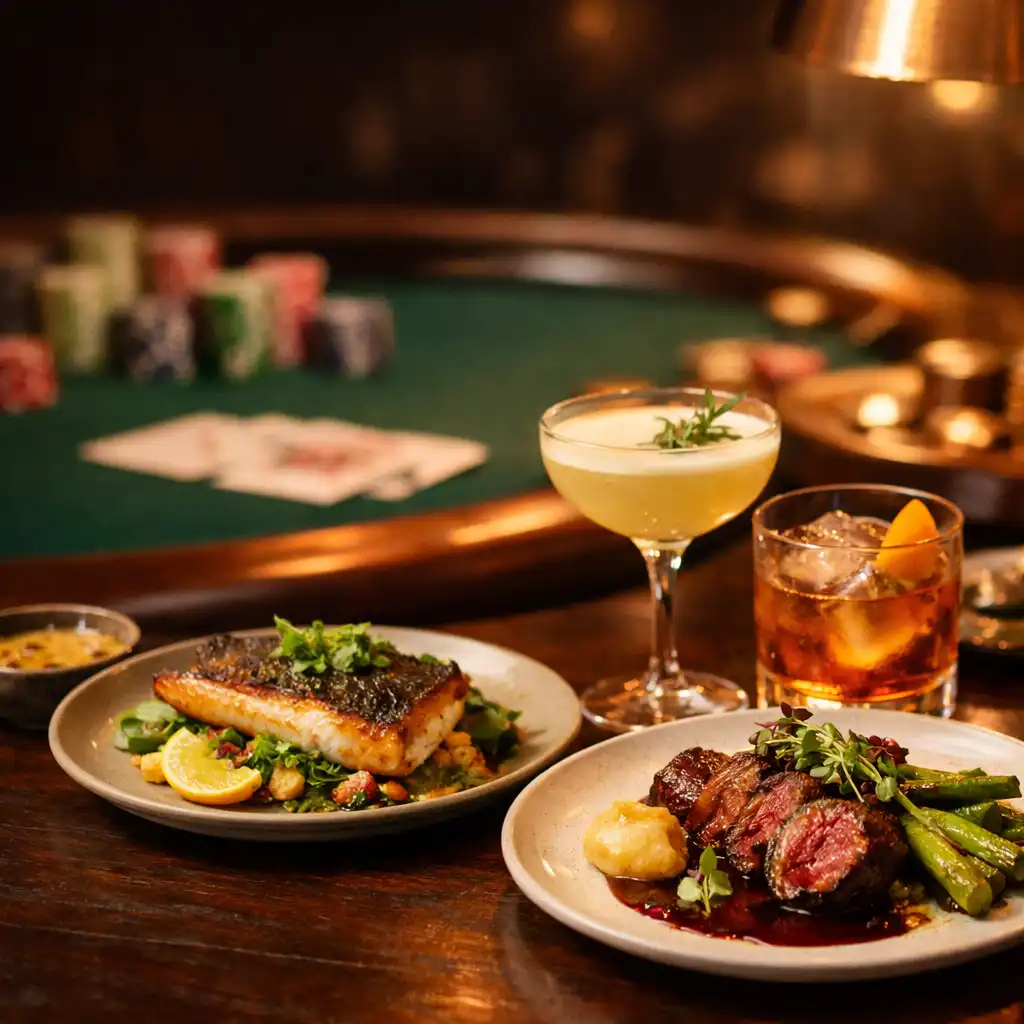 Elegant Australian-inspired dishes and craft cocktails on a restaurant table, with a softly focused poker table in the background