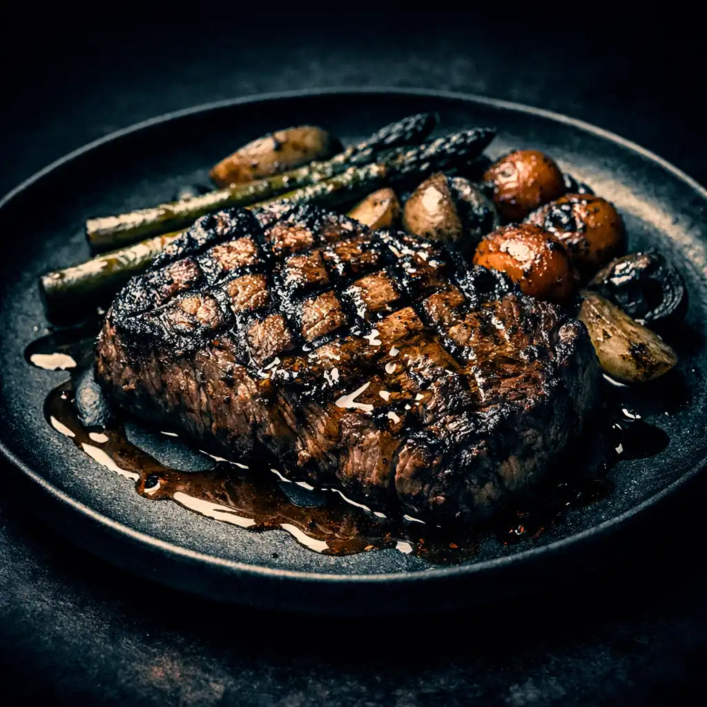 A signature grilled steak with char marks on a dark ceramic plate with roasted vegetables